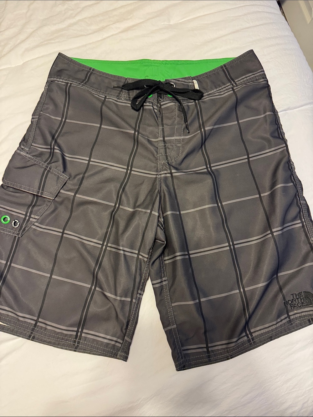 The North Face Men’s Black Gray Plaid Swim Board Shorts with Green Waistband